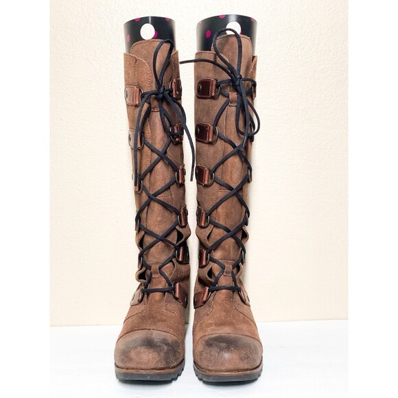 Sorel Joan of Arctic Wedge Knee Tall Women's 7.5 Brown Suede Lace Up Round Toe - Picture 2 of 7